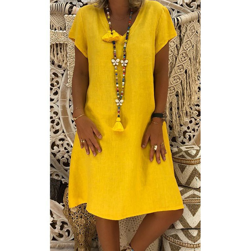 Robe décontractée polyvalente à manches courtes et col en V, disponible en huit tailles et onze couleurs, couleur unie, très populaire