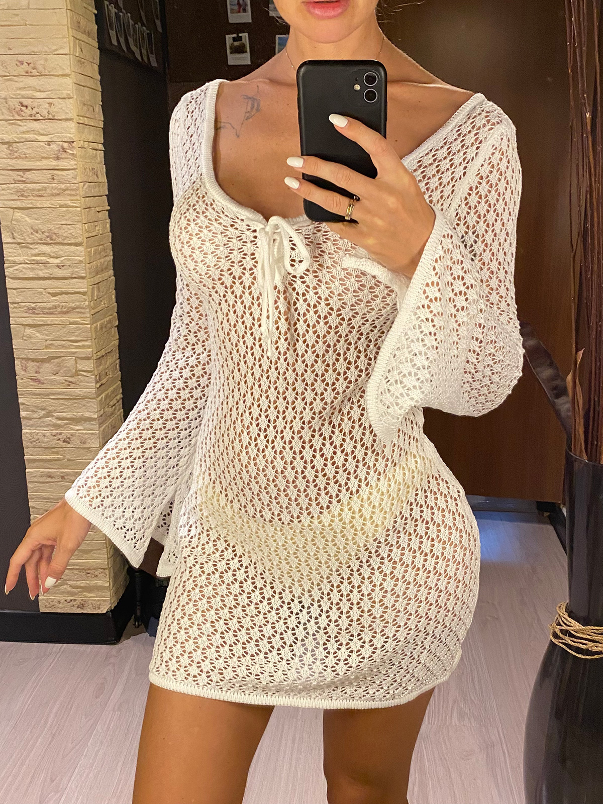 Robe de plage ajourée à manches longues, col en V, tunique crochet, cover-up, vêtements de plage, V6081