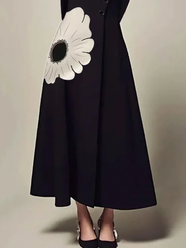 Bonboho-Robe de soirée plissée à manches longues pour femme, imprimé floral, col montant, taille haute, ligne A, automne