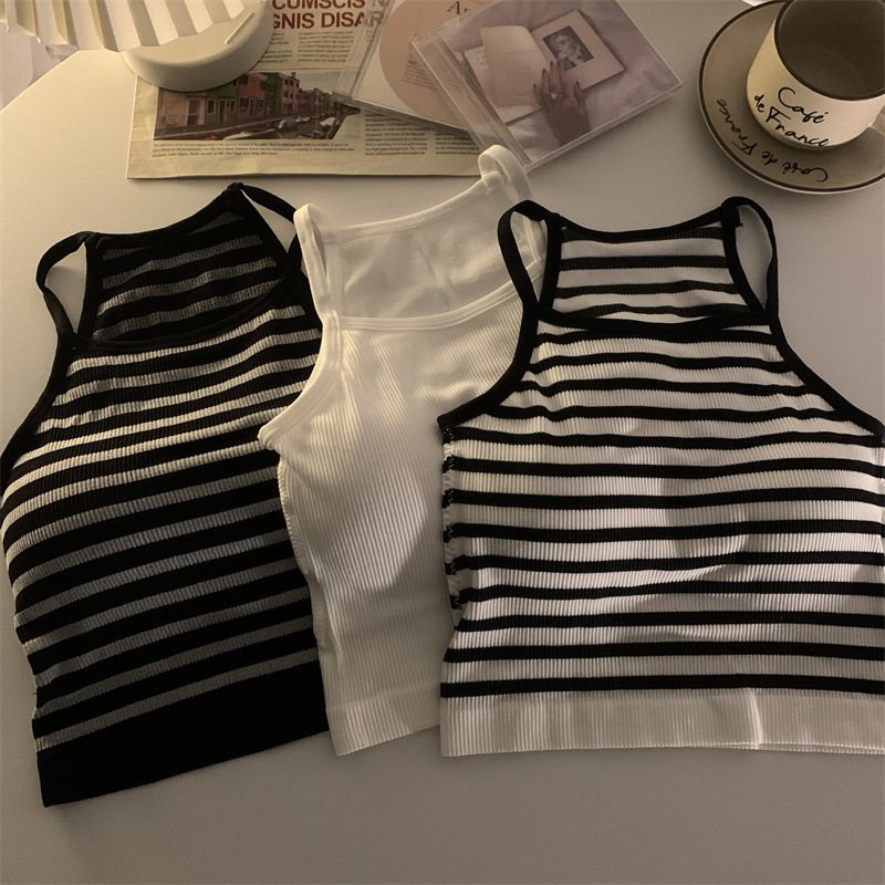 Haut court avec coussretours de poitrine pour femme, caraco basique, fibre rayée, mode décontractée, version coréenne