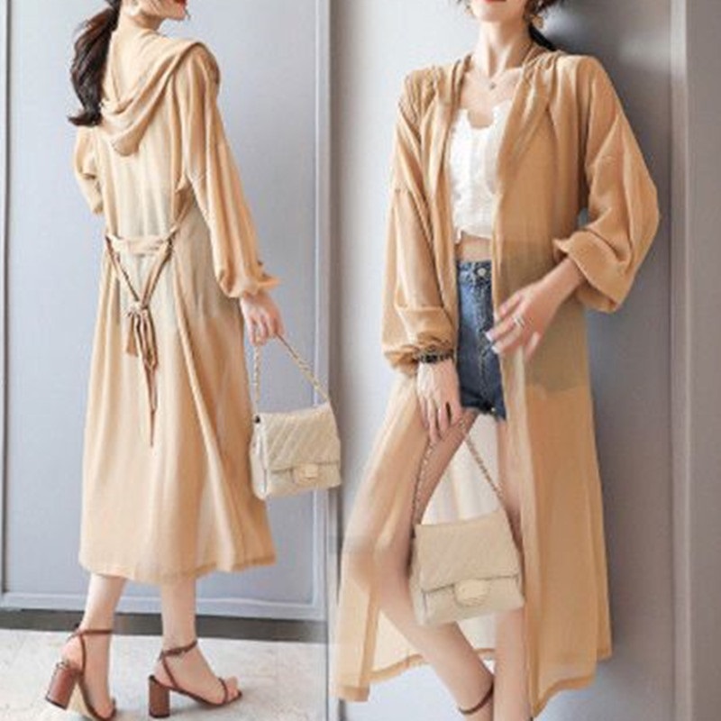 Vêtements de Protection solaire d'été pour femmes, Cardigan à capuche, chemises de Protection solaire en mousseline de soie, manteau Long pour dames, châle d'extérieur