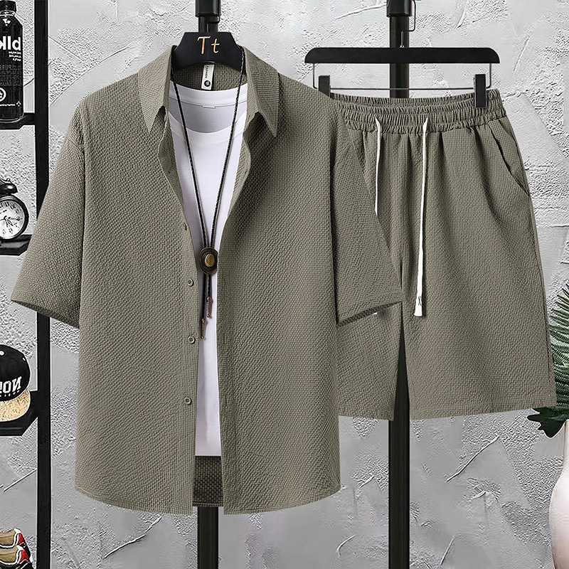 【Chemise + pantalon 5 points】Ensemble chemise à manches courtes pour hommes, mode d'été, couleur unie, en seersucker, ensemble deux pièces ample, simple et polyvalent