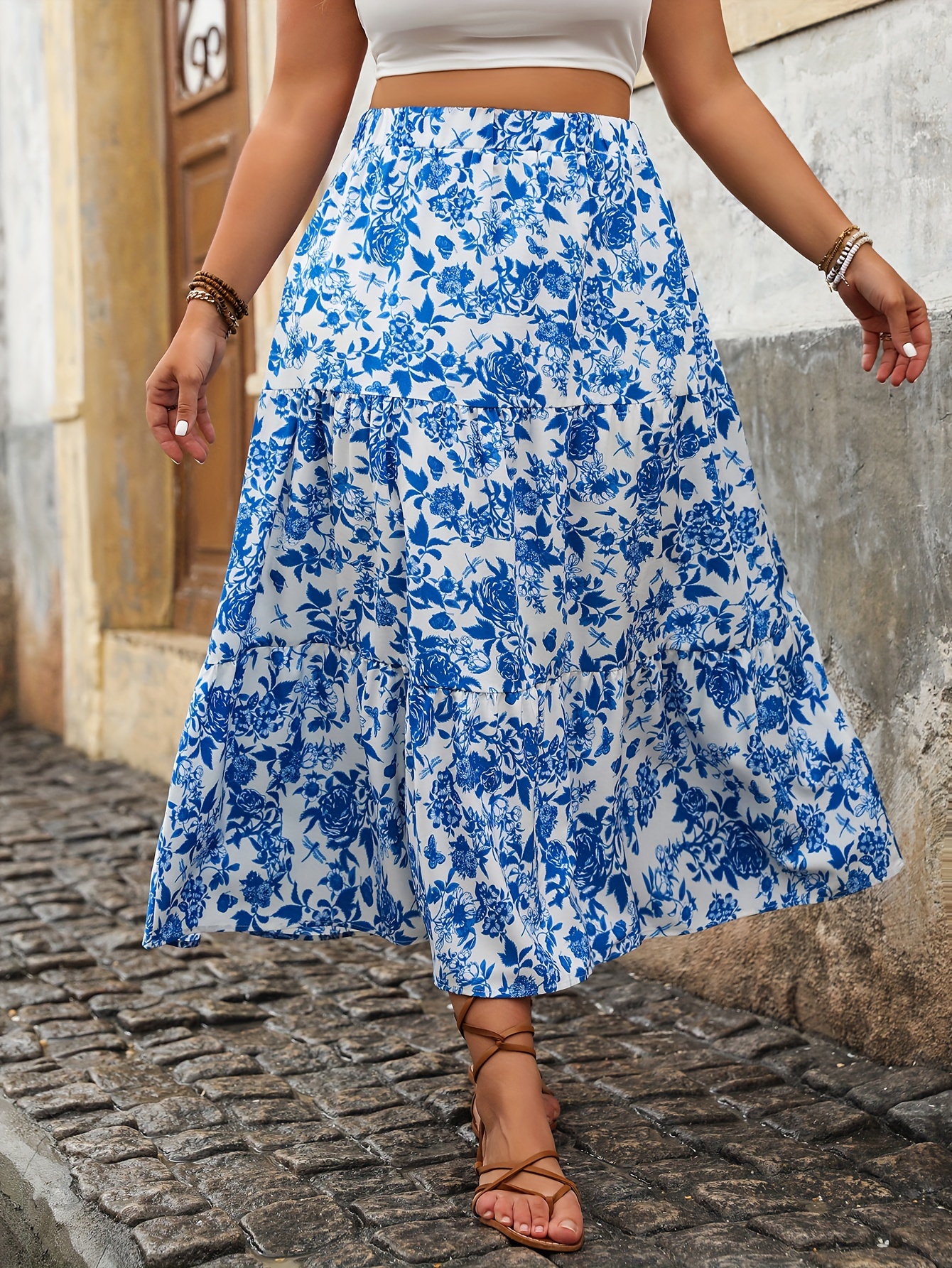 Jupe mi-longue élégante à imprimé floral pour femmes, grande taille, mode décontractée, taille haute, longue, vintage, jupes trapèze