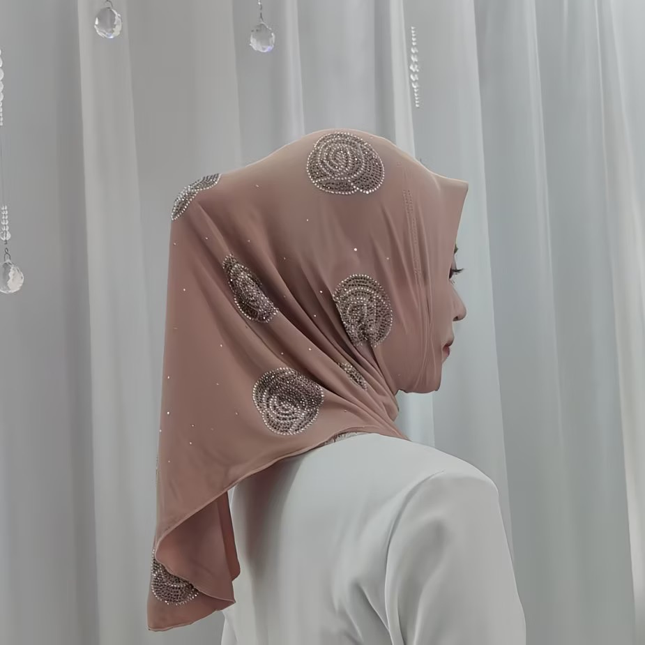 Hijab instantané en jersey doux pour filles musulmanes, motif diamants et roses