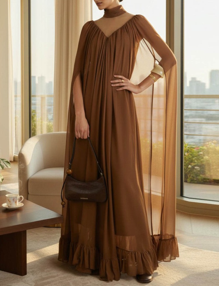 UOOZEE 2026 Nouvelle Robe de Soirée Formelle Élégante à Col Montant et Manches Cape pour Femme, Couleur Unie, Robe Longue de Cérémonie pour Invitée de Mariage, Demoiselle d'Honneur ou Fête
