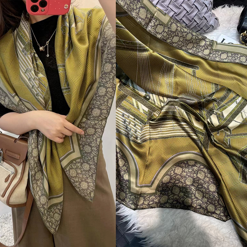 BYSIFA-Foulard Hijab Carré pour Femme, Grand Châle Paisley, Vert Armée, 100% Naturel, Marque de Mode, Automne et Hiver
