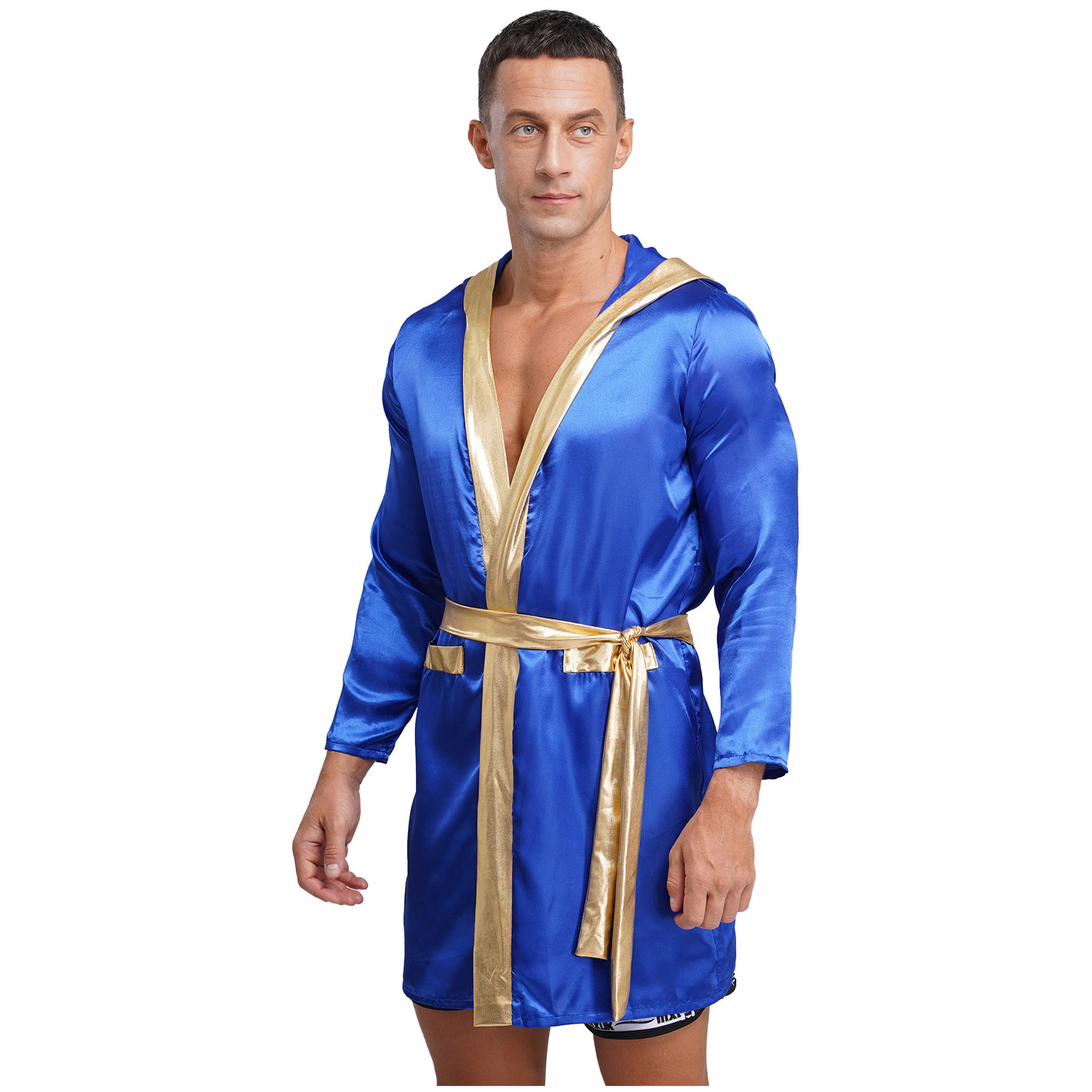 Robe de boxe pour hommes, Costume de carnaval d'halloween, Boxer, Cosplay, manches longues, ouvert sur le devant, cape à capuche en Satin métallique avec ceinture