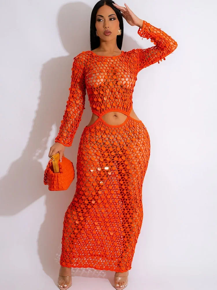 Robe de plage tricotée au Crochet à paillettes pour femmes, Sexy, transparente, Cover-Up, moulante, Maxi, robes de soirée, Club de vacances, été