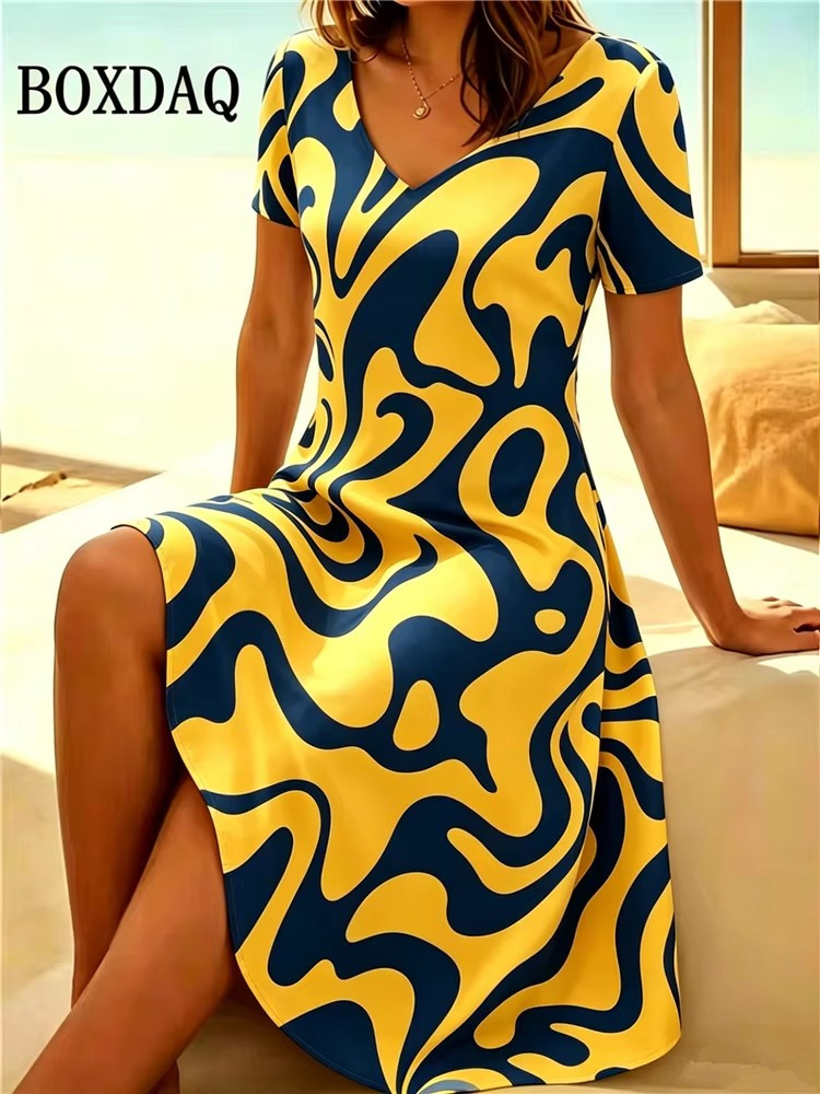 Nouvelle Robe Décontractée Femme 2026 à Manches Courtes et Col en V, Motif Peinture Abstraite, Robe d'Été Tendance Grande Taille Coupe Évasée 6XL