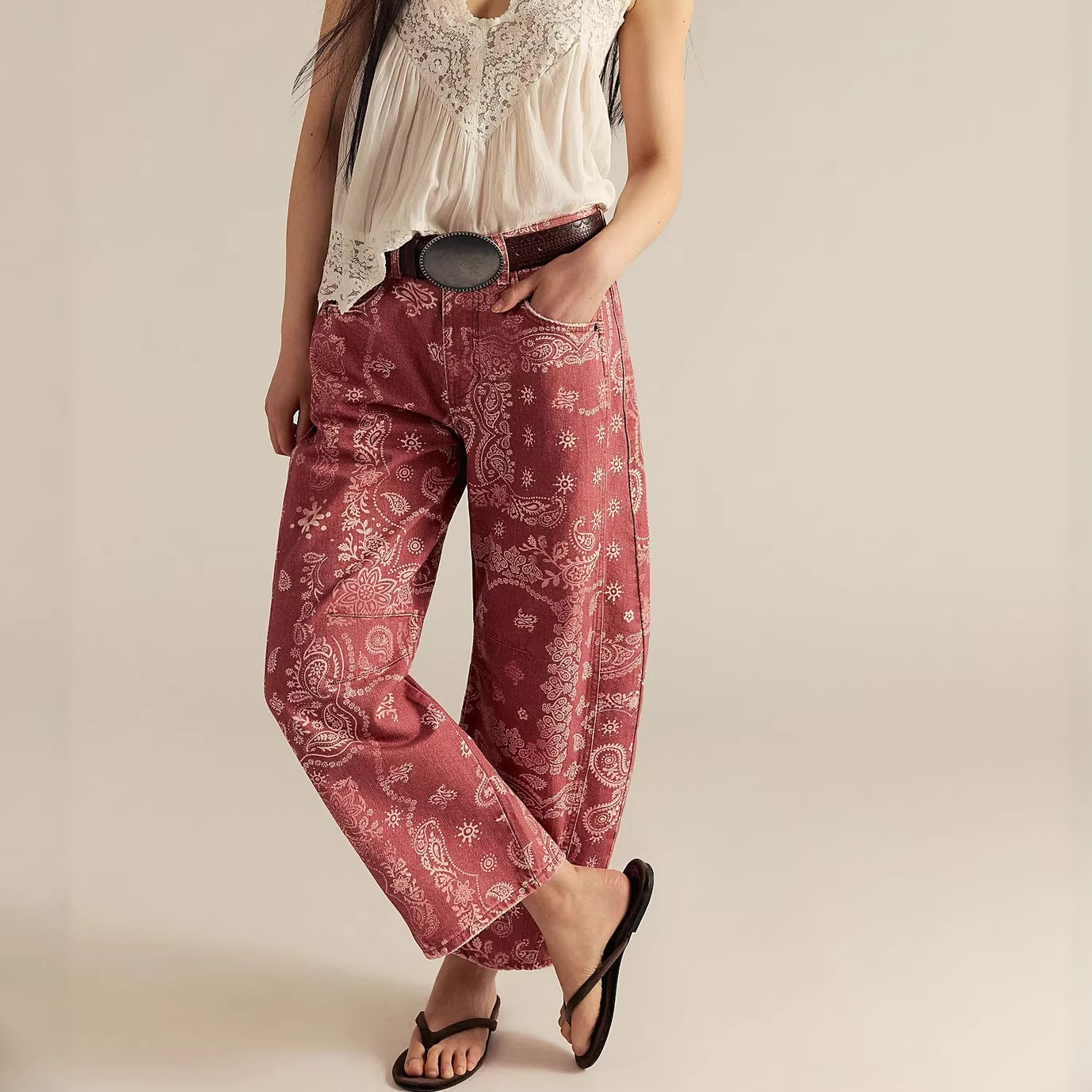 Jean long en denim de coton pour femme, pantalon décontracté taille haute, coupe courte, style bohème plage, baggy, printemps-été