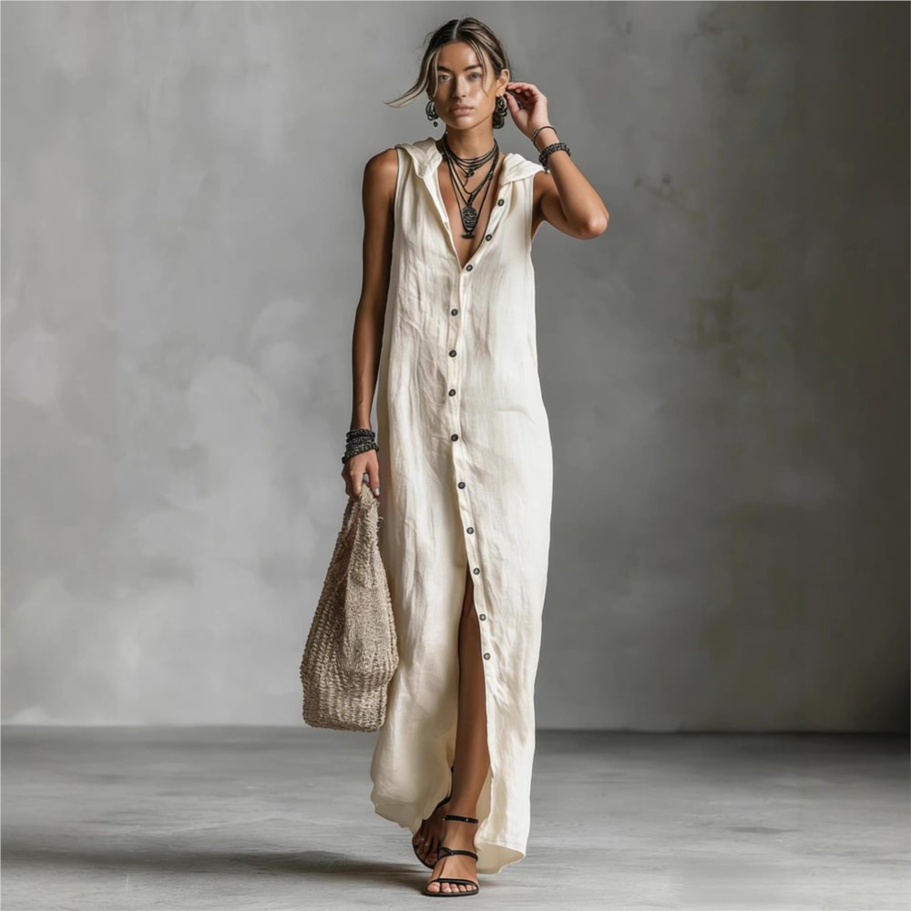 Robe longue décontractée à capuche pour femme, nouvelle mode estivale, élégante, sans manches, ajustée, à bouton unique, collection 2026