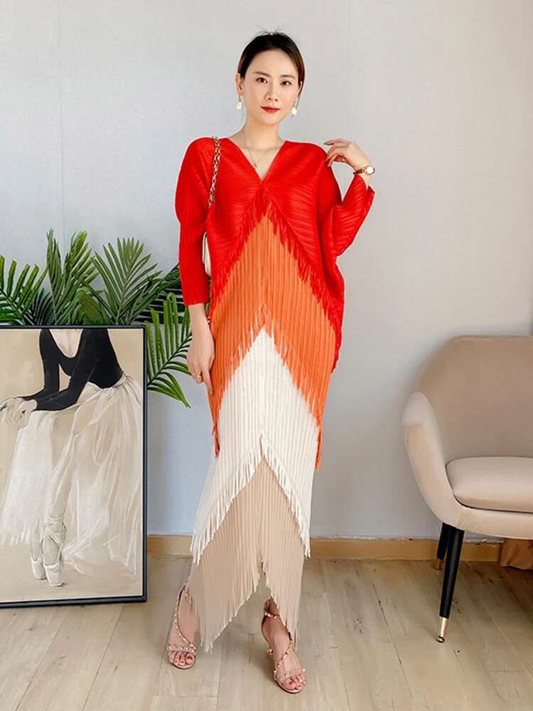 LANMREM-Robe de Nuit Plissée à Franges pour Femme, Patchwok, Manches Chauve-Souris, Mi-mollet, Mode Féminine, Été 2025, 2N789