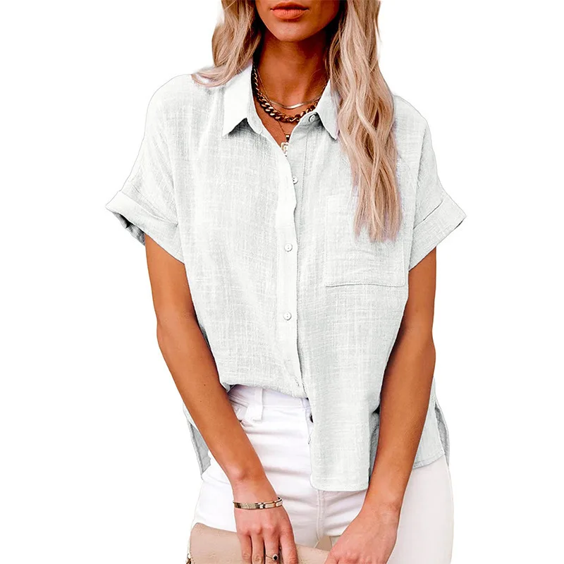 Femmes T-shirt médicaments L-5XL plus taille populaire européenne et américaine médicaments d'été coton et lin poche boutons à manches courtes