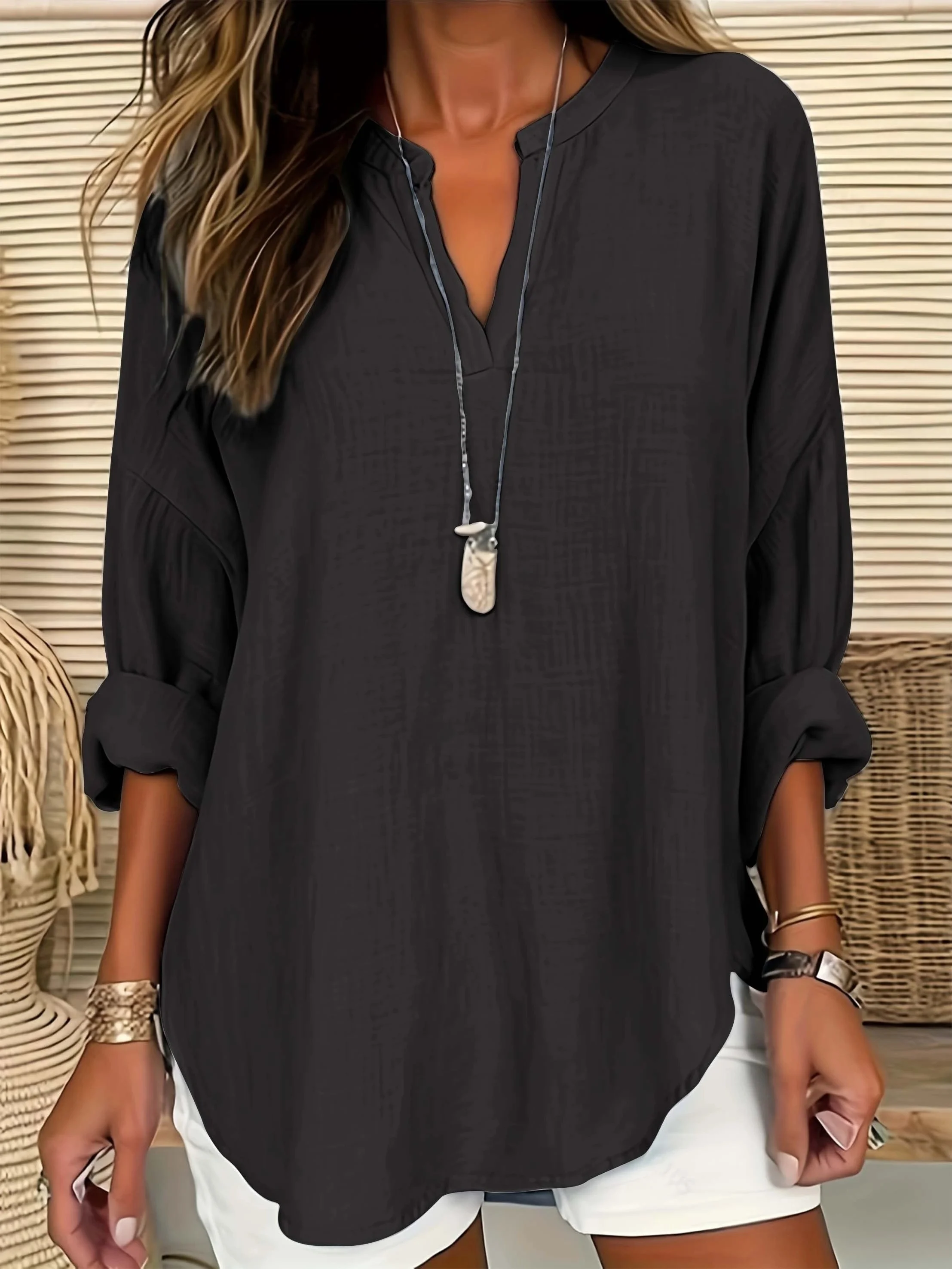 Grande taille 1XL-5XL femmes décontracté couleur unie Blouse dames mode hauts amples col en v Blouse à manches longues chemise
