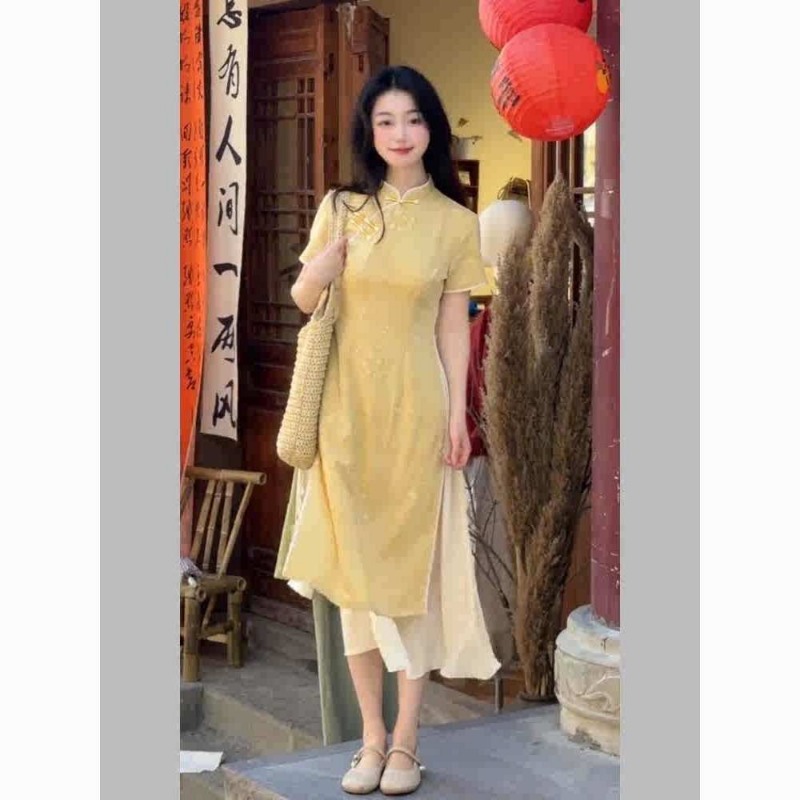 Robe pour femmes, style chinois, cheongsam amélioré, manches courtes, robe mi-longue