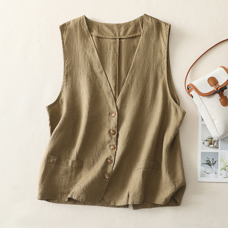 Gilet en coton et lin pour femmes, été, kaki, noir, beige, avec fente, basique, uni, élégant, col en V, sans manches, veste, cardigan, haut