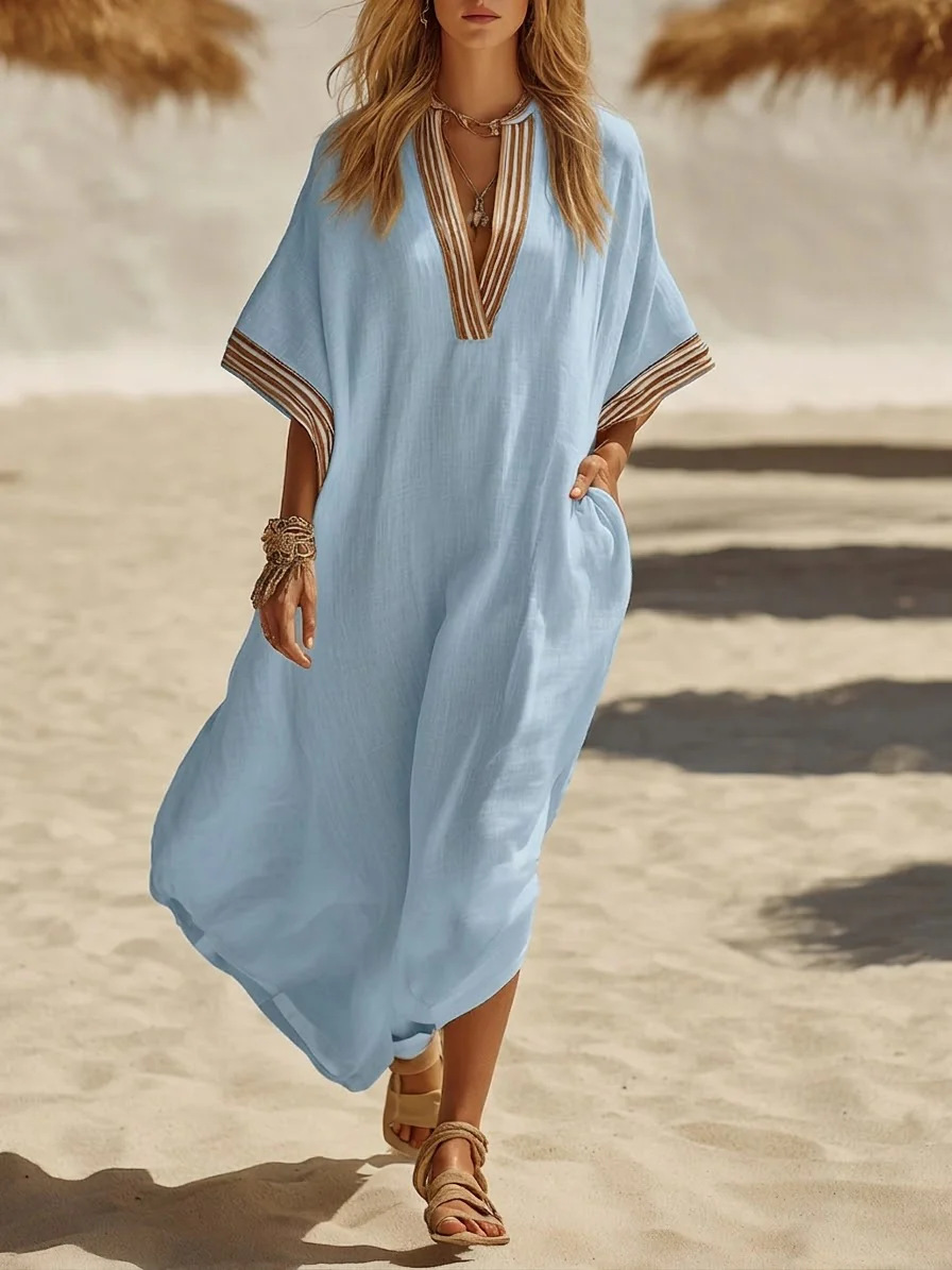 Robe kaftan bohème en lin, bordure rayée, col en V, manches chauve-souris, coupe ample avec poches, robe maxi décontractée et polyvalente pour les vacances