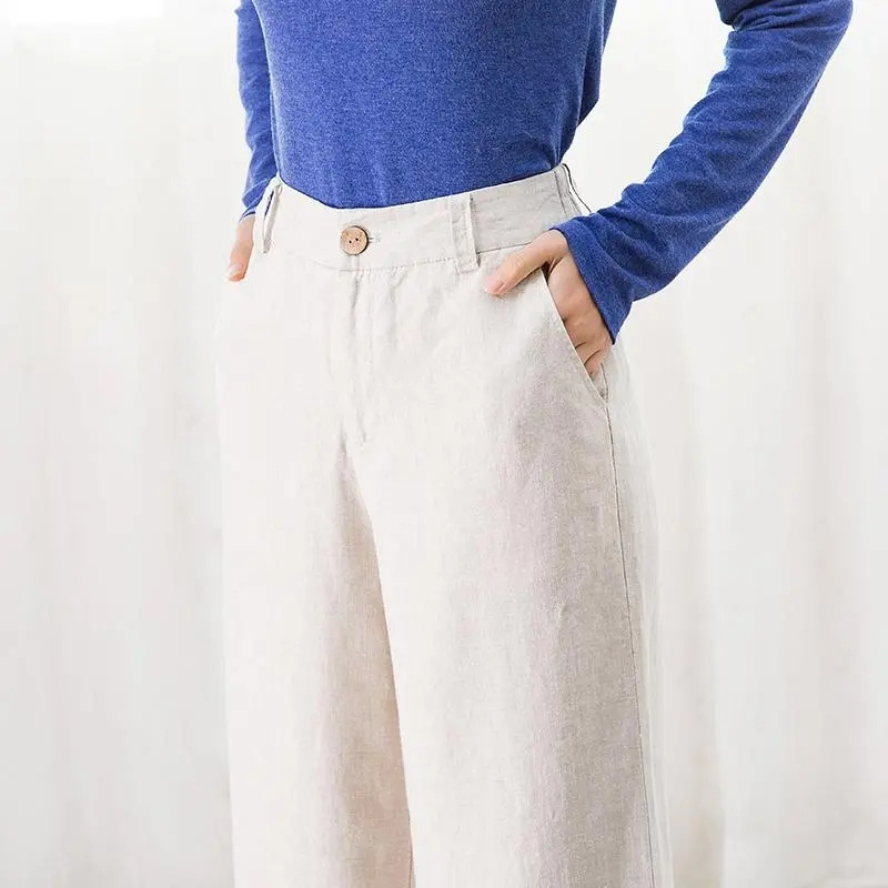 Pantalon en lin taille haute élastique pour femme, pantalon long, jambe droite, monochrome, coton, jambe large, document, vêtements d'été