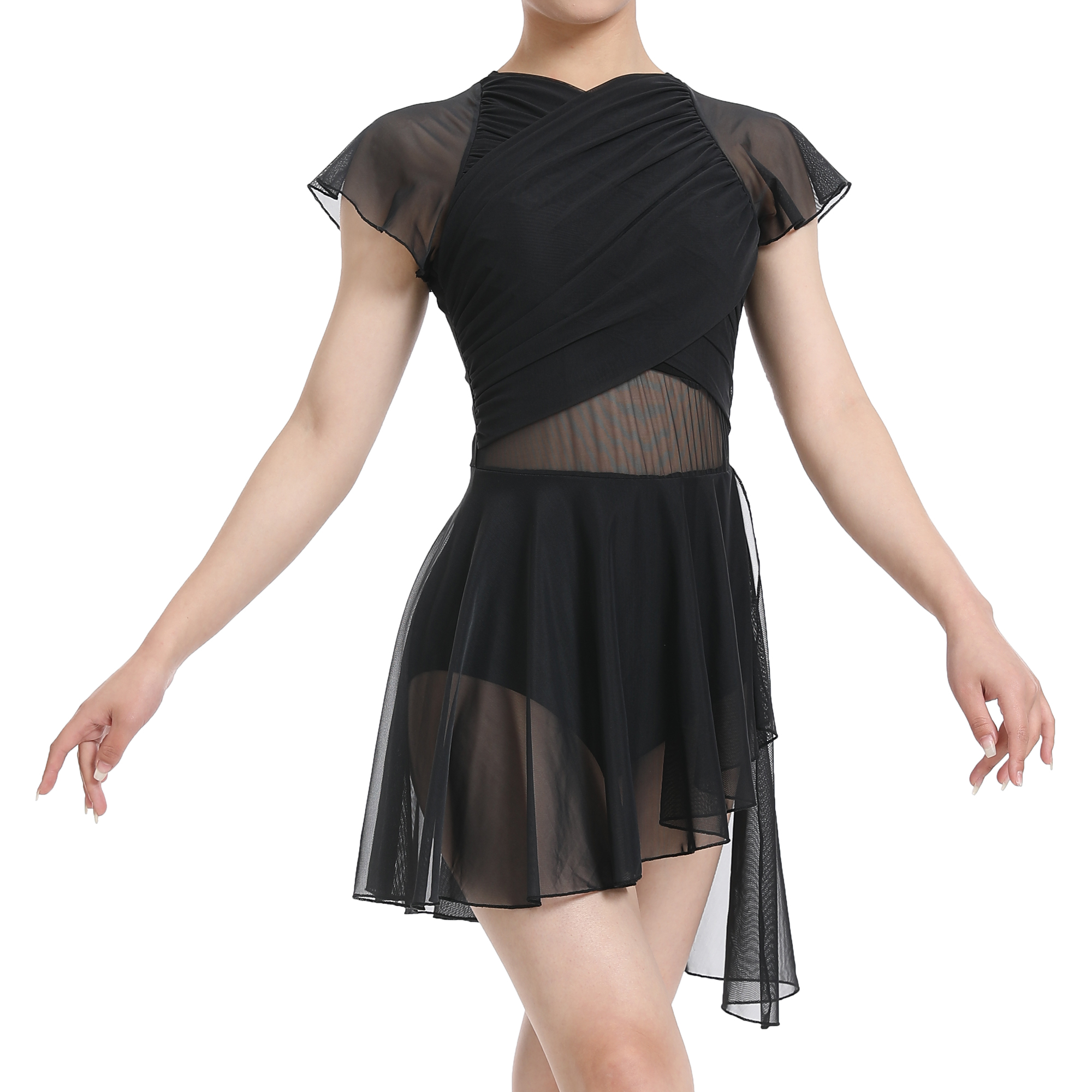 Robe de danse moderne lyrique pour femmes, jupe en maille à manches flottantes, Costume de danse contemporaine, dos creux goutte d'eau