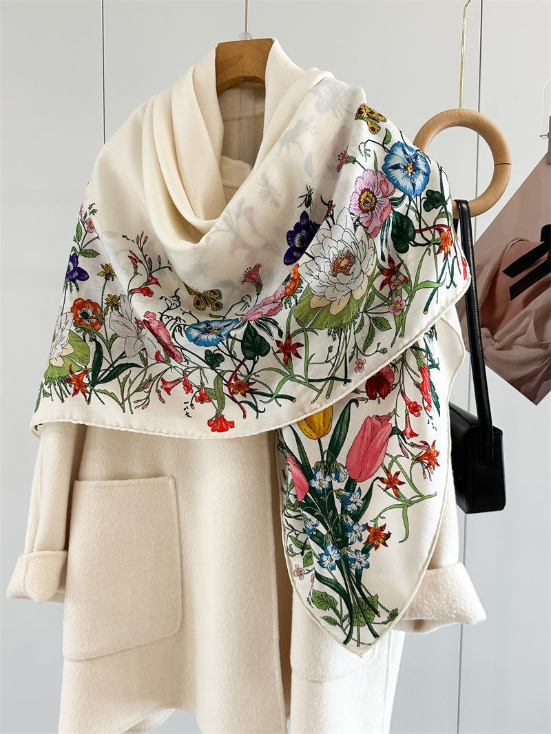Foulard en mélange de laine de soie pour femmes, écharpe de luxe douce d'hiver, accessoires de sac de tête, grands Bandanas carrés, châles féminins