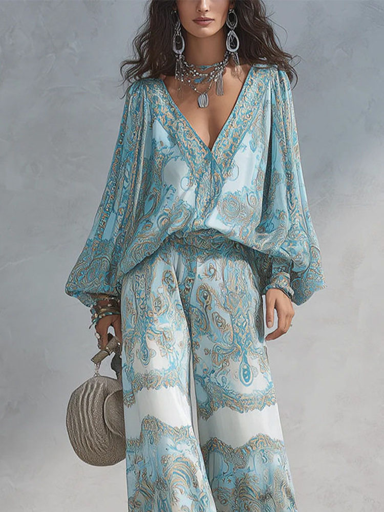 Ensemble deux pièces bohème pour femme, imprimé cachemire, sexy, col en V profond, chemisier à manches longues, pantalon large, tenue décontractée pour les vacances