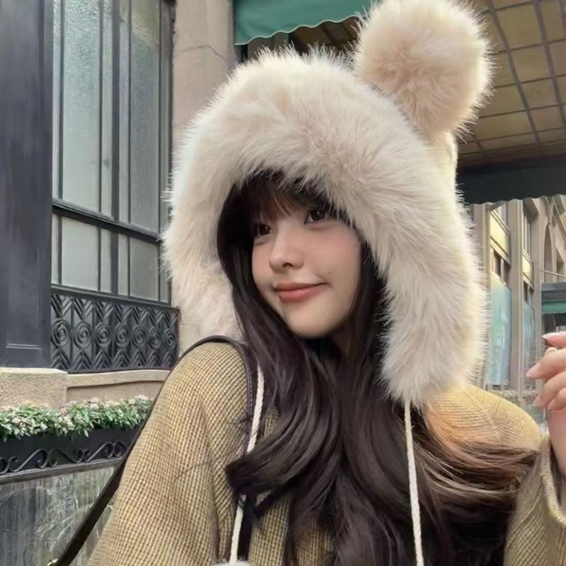 Chapeau d'oreille d'ours mignon en peluche pour femmes, Protection d'oreille épaisse et chaude, chapeau de vent et de neige, chapeau en peluche petit ours Lei Feng, nouvelle collection hiver