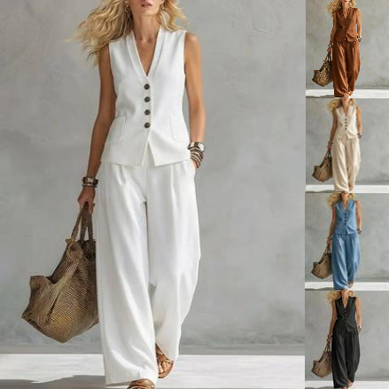 Ensemble pantalon femme deux pièces, débardeur col en V sans manches, pantalon long large taille haute, style Y2K streetwear élégant et décontracté 2026