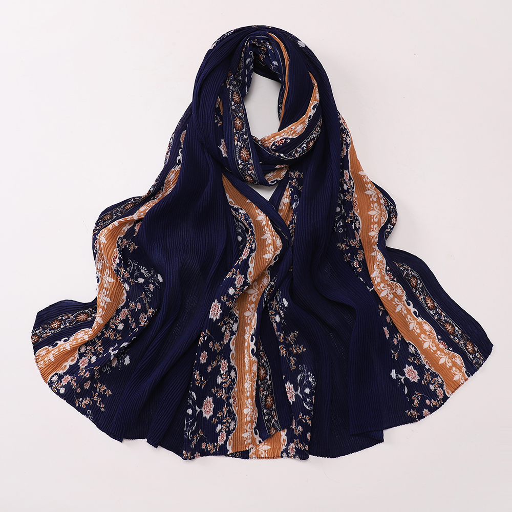 Hijab froissé à imprimé floral vintage de style turc, châle doux et respirant pour femmes musulmanes, idéal pour le quotidien.