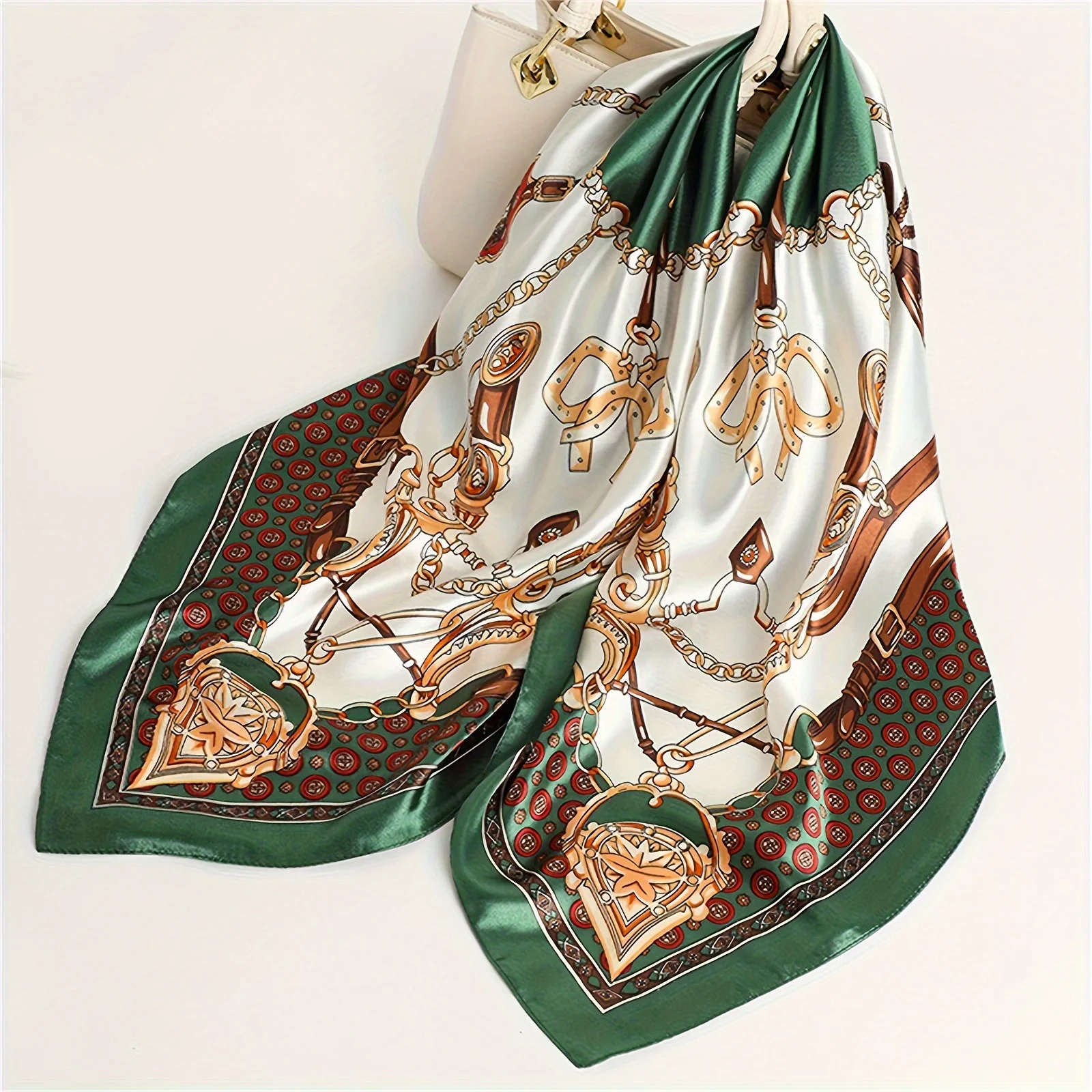 Foulard Hijab carré imprimé chaîne, châle en Satin fin et élégant, foulard de protection solaire pour femmes
