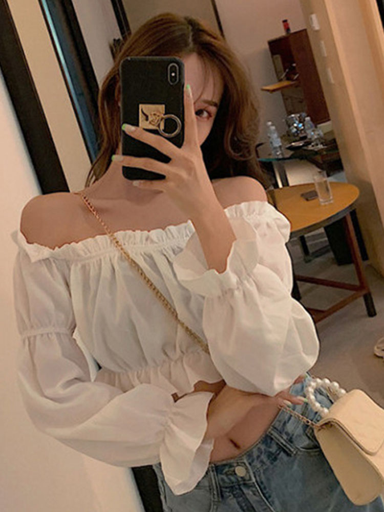 Haut Sexy pour femmes, épaules dénudées, manches longues, couleur unie, chemise blanche, manches bouffantes, tunique à volants, haut court, bustier tubulaire d'été