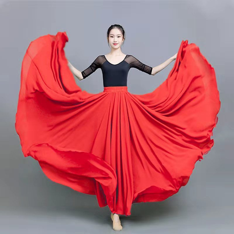 Jupe Double en mousseline de soie pour femmes, doublure pour spectacle sur scène, jupes à grand ourlet, danse carrée, taille élastique, jupes Maxi trapèze élégantes