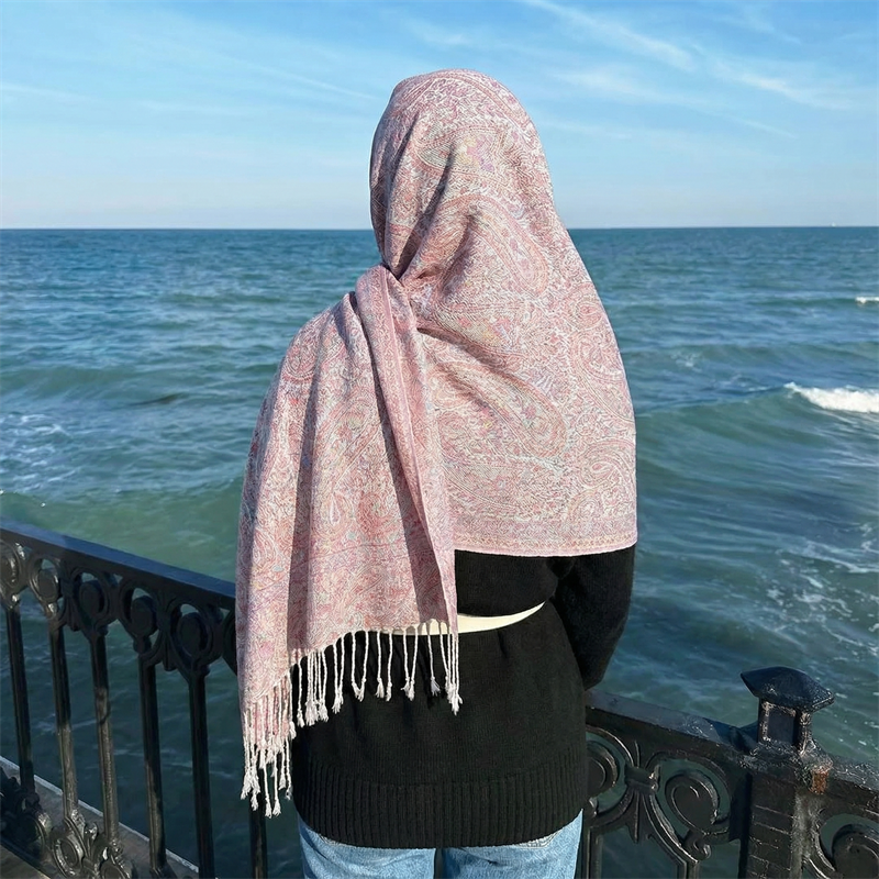 Écharpe Paisley Femme Effet Cachemire Pashmina Châles à Pompons Hijab Foulard Hiver Femme Écharpes Foulard Bufanda 2026