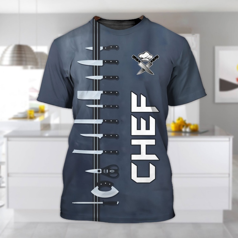 T-shirt à motif uniforme de chef pour hommes, couteau de chef imprimé en 3D, t-shirts d'été Harajuku à manches courtes, hauts amples de style streetwear, t-shirts de sport