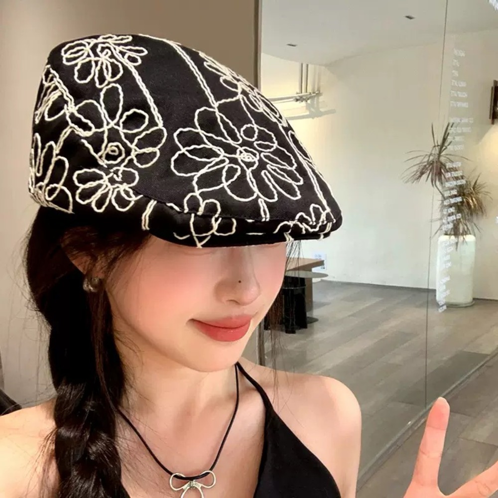 Casquette rétro tendance, décontractée et polyvalente, style coréen, avec broderie florale douce et épicée, chapeau britannique pour femme et jeune fille