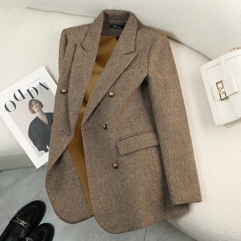 Manteaux Blazer à manches longues pour femmes, vestes Vintage en laine épaisse crantée, vêtements d'extérieur élégants, automne hiver