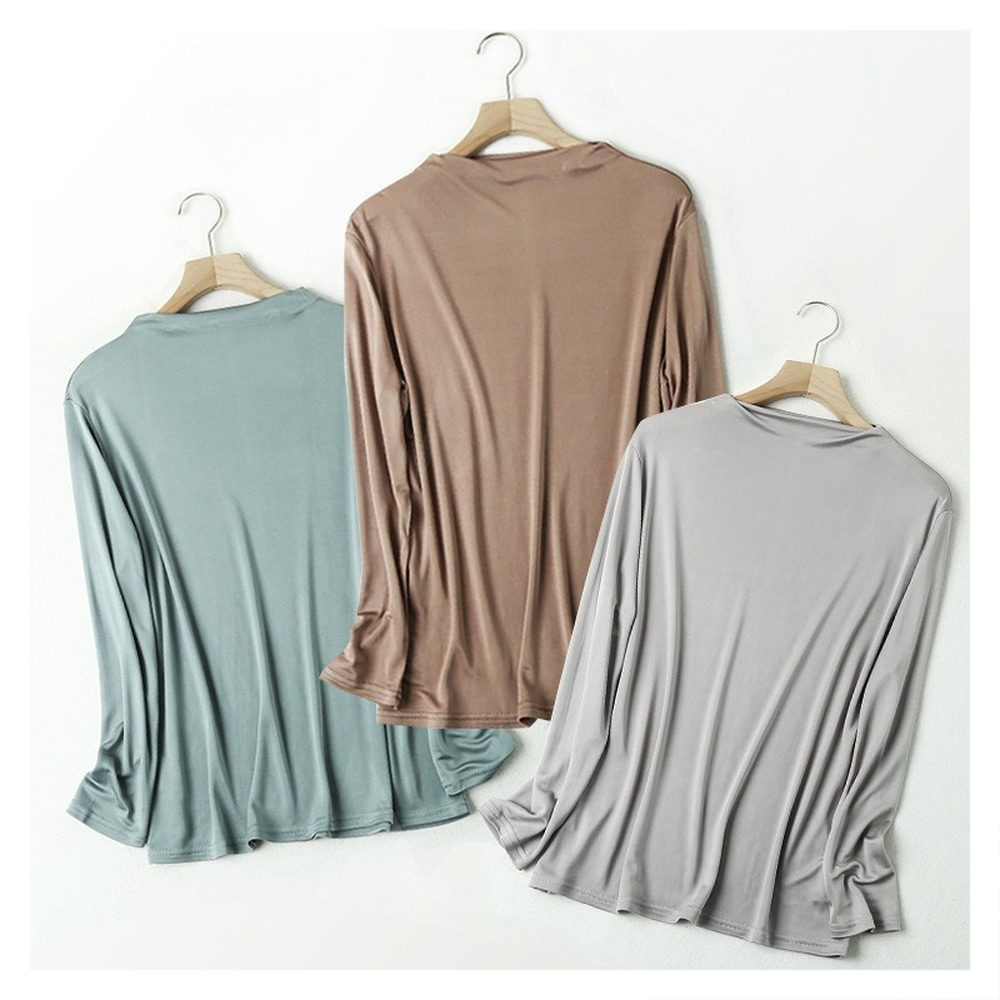 T-shirt en soie tricoté à manches longues pour femme, haut polyvalent à bascule, col rond, couleur unie, soie mûre, printemps et automne