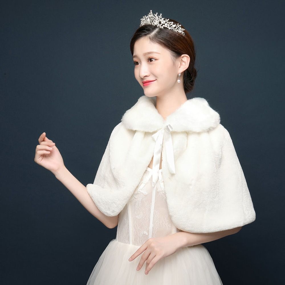 Blanc femmes hiver épaissir peluche Wrap étole coude longueur mariage mariée châle Cape veste chaude haussement d'épaules avec ruban à lacets