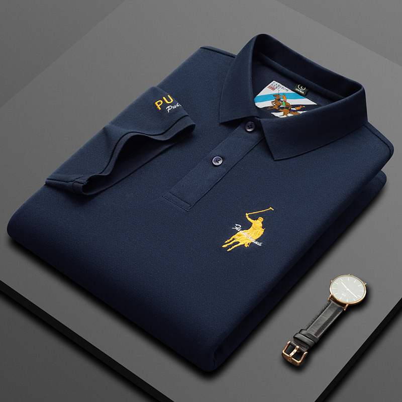 Polo brodé de luxe pour hommes, été, fin, respirant, 100% coton, noir, bleu marine, revers, manches courtes, hauts, vêtements de marque