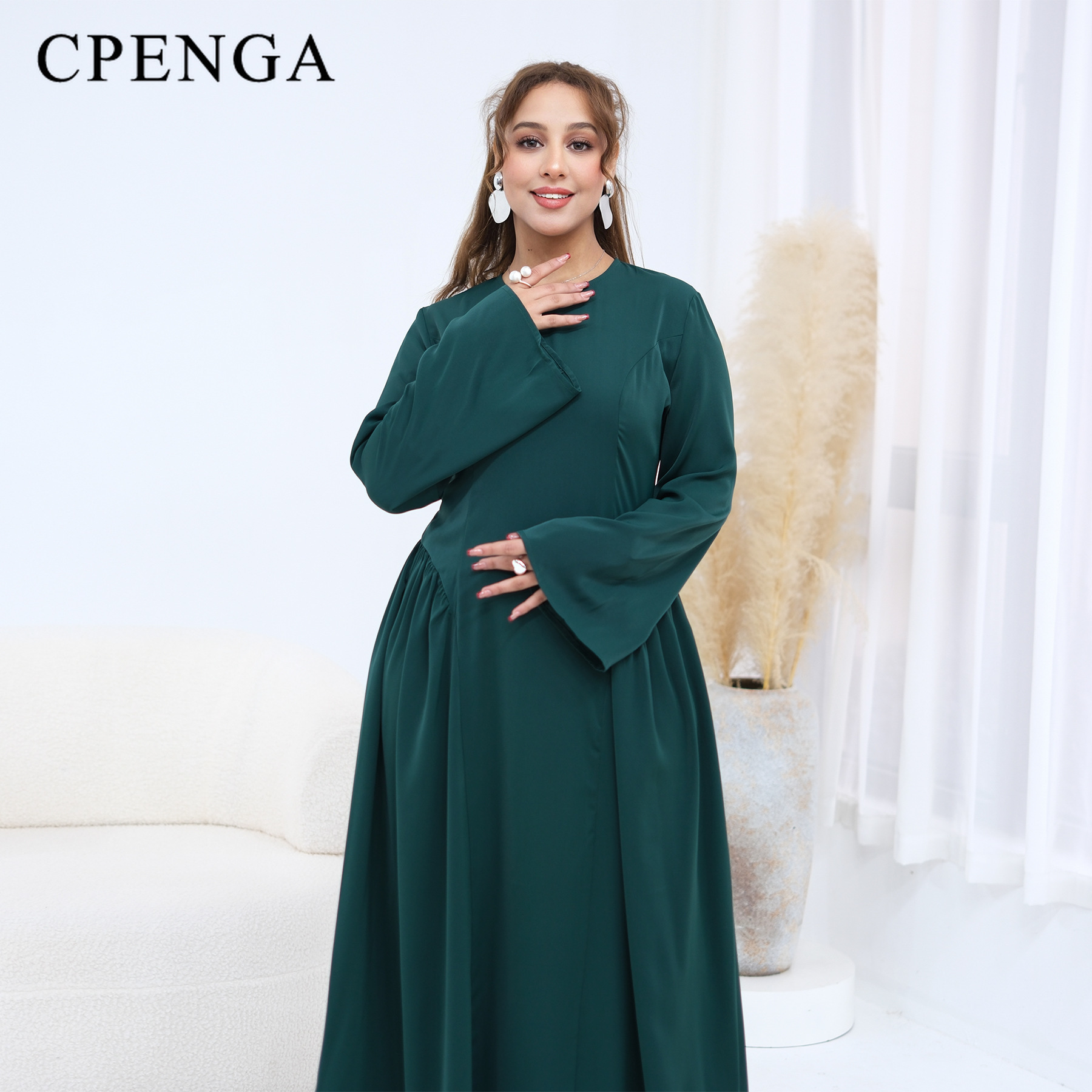 Abaya élégante et modeste pour femmes musulmanes, robe longue unie grande taille avec lien à la taille au dos, tenue islamique décontractée à manches longues pour le Ramadan