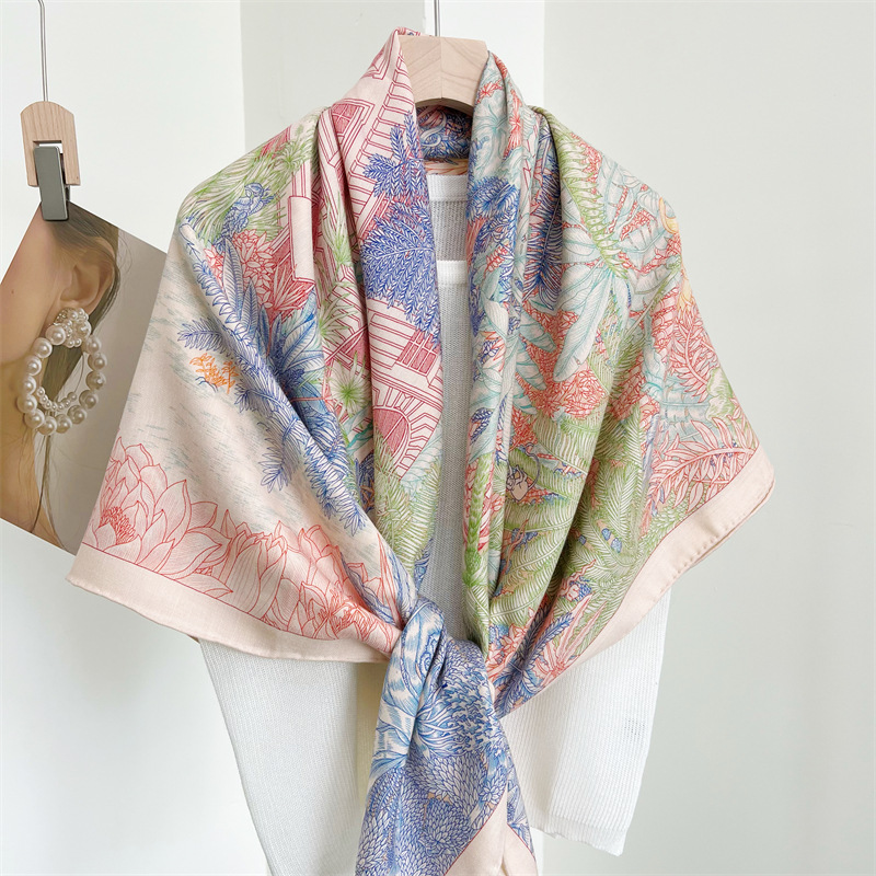 Grand carré pour femmes, Design de luxe, châle à la mode pour l'hiver, marque Bandana en laine de soie