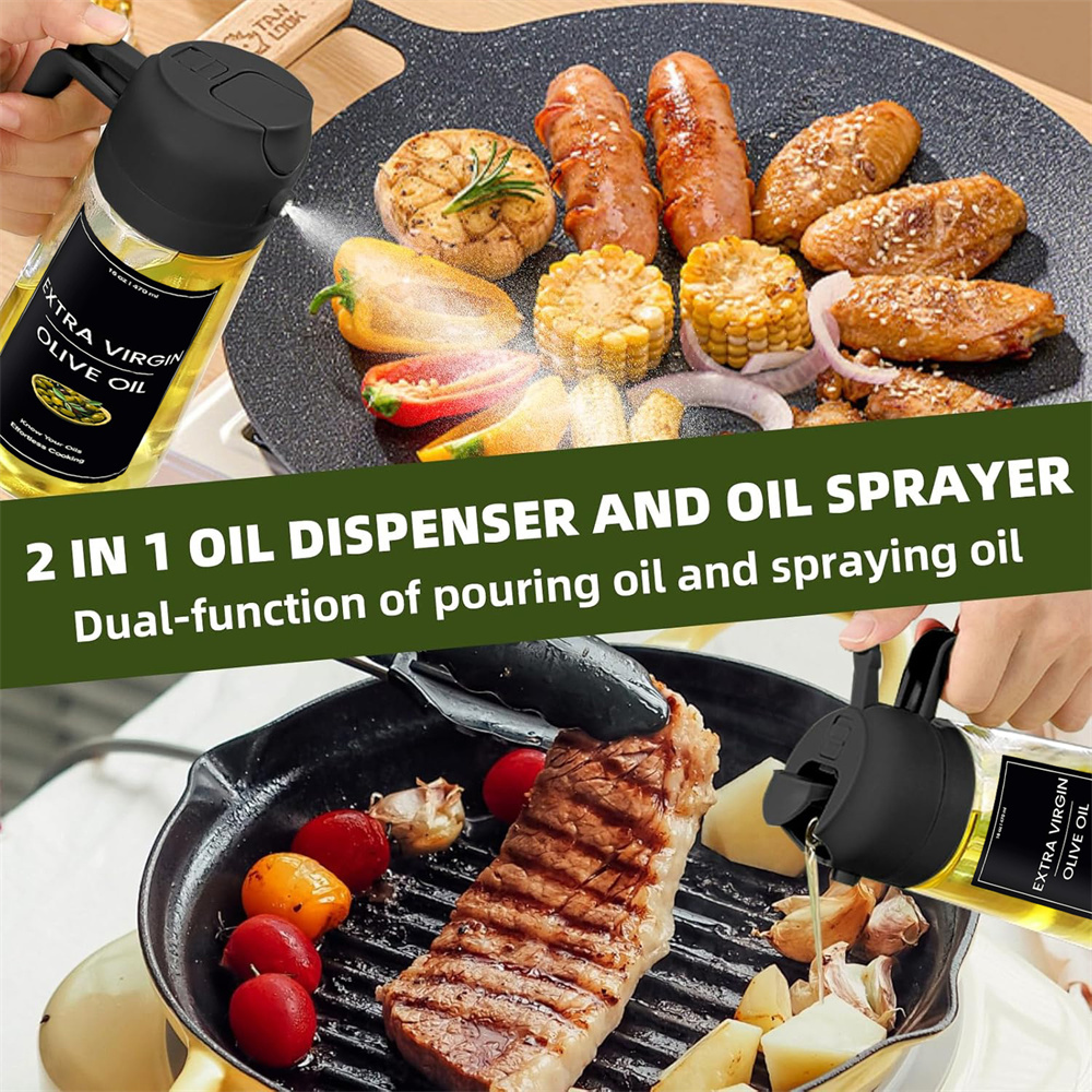 Pulvérisateur d'huile pour la cuisson, bouteille distributrice d'huile d'olive 2 en 1 pour la cuisine avec autocollants, verre Premium 16oz/470ml, brumisateur d'huile de qualité alimentaire