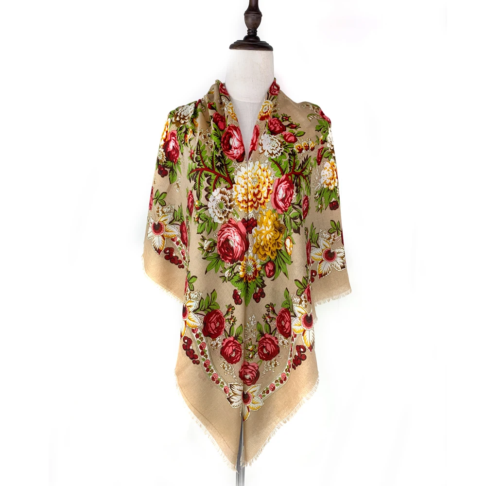 Foulard carré russe fin et respirant pour femmes, 130x130cm, imprimé Floral de luxe, châle ukrainien, Bandana, étole de plage