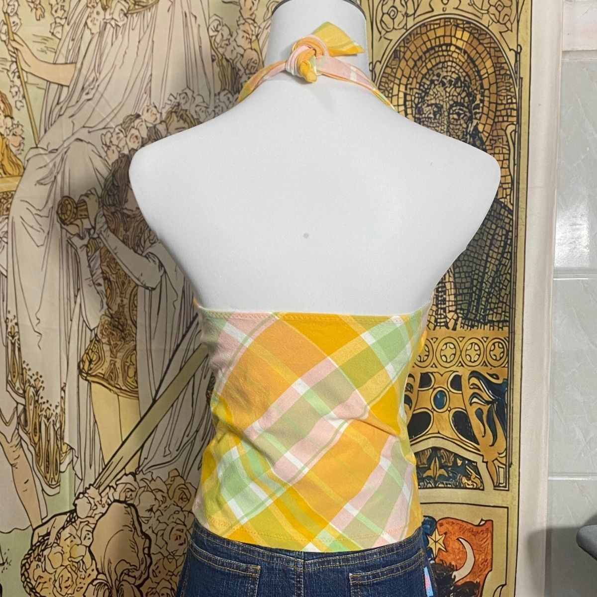 Débardeur Halter Vintage Japonais à Carreaux pour Femme, Sexy, Dos Nu, Sans Manches, Coupe Ajustée, Style Y2K Spicy Girl, Crop Top, Vêtement d'extérieur