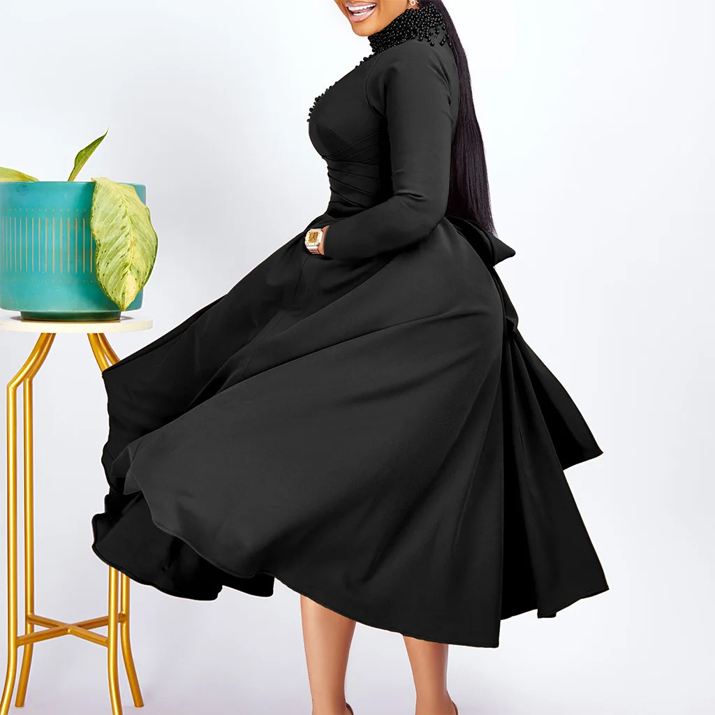 Robes de soirée femmes à manches longues col roulé brodé évasés robe robes pull ample légèrement extensible hiver décontracté moulante