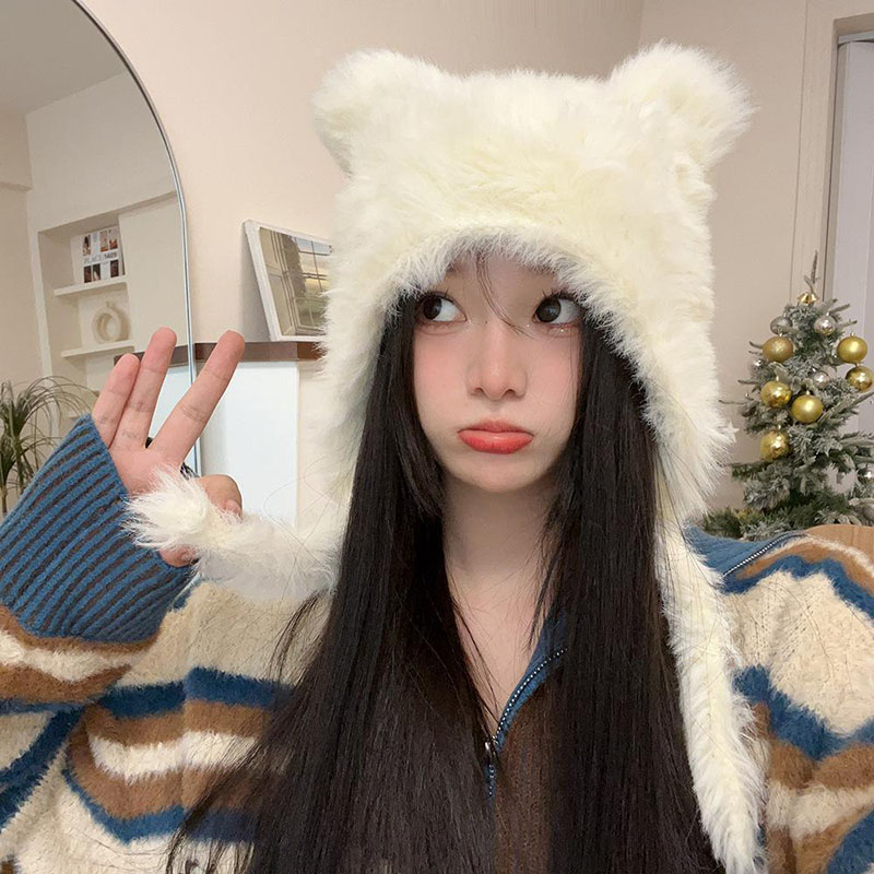 Chapeau d'hiver en peluche pour femmes, bonnet chaud de Protection des oreilles, bonnet pour filles, mignon, couleur unie, fausse fourrure, tricoté chaud