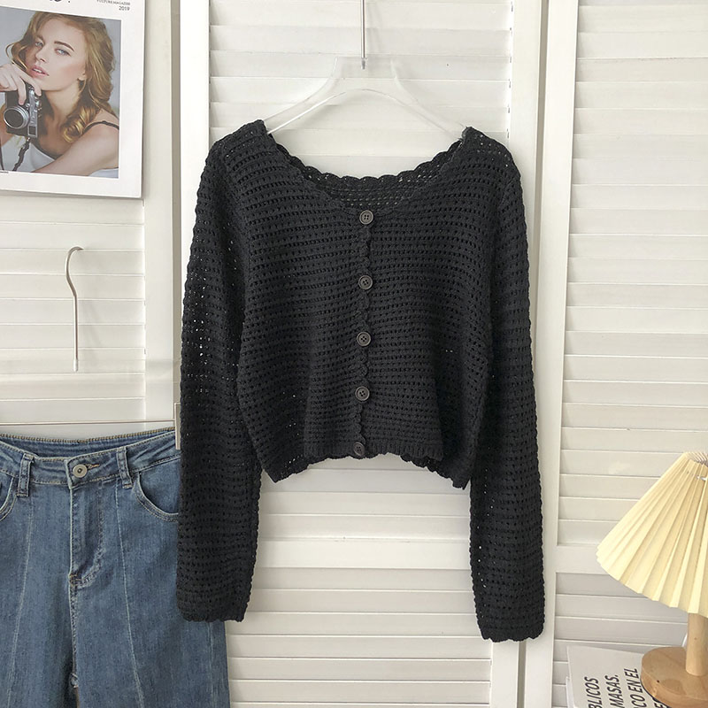 Cardigan en Crochet pour femmes, tricot ajouré transparent, manches longues, boutonné, haut court, haussement d'épaules pour adolescentes, tenue d'automne et de printemps Y2K