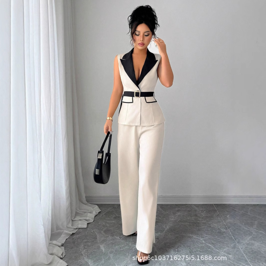 Gilet costume femmes jambe large pantalon gilet 2 pièces ensembles sans manches veste ceinture taille serrée tenues pantalon bureau dame Ensemble