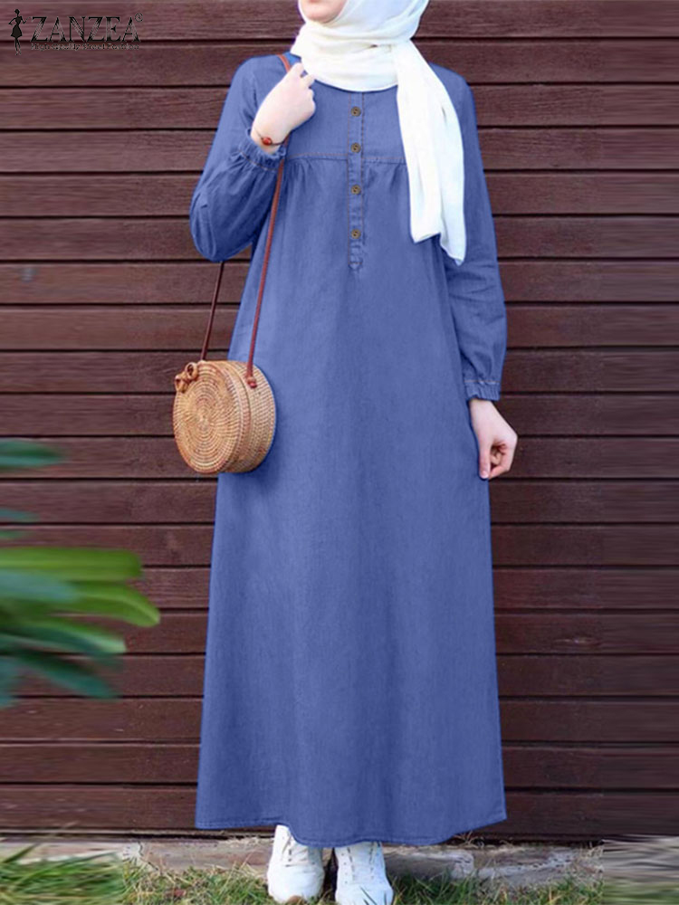 2024 ZANZEA femmes robes musulmanes Vintage Abaya Hijab robe Jilbab vêtements islamiques mode à manches longues Denim bleu Maxi robe d'été