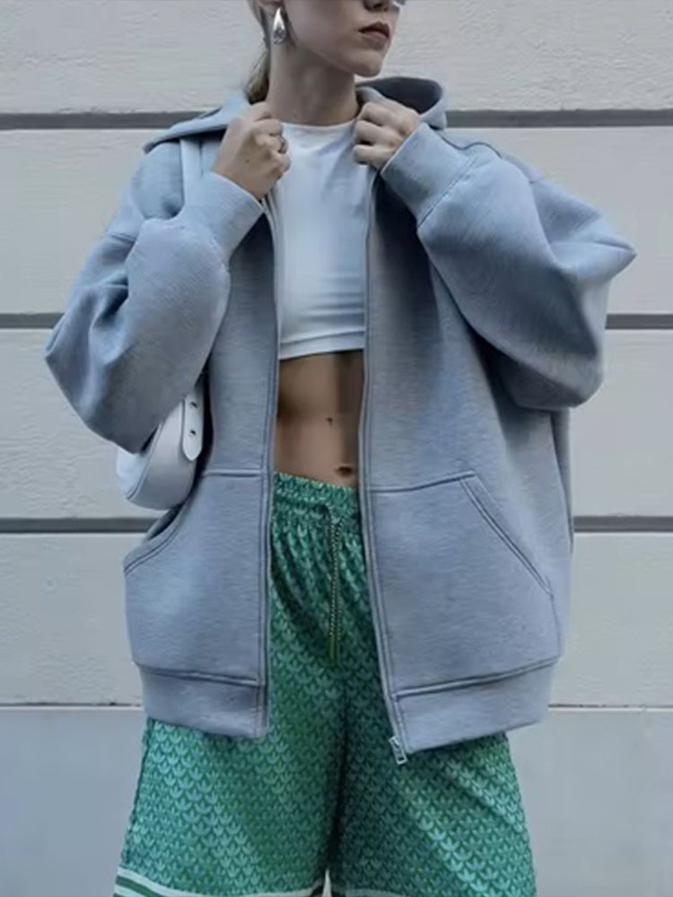 Sweat-shirt à capuche zippé pour femme, coupe ample, manches longues, avec poche, style streetwear, veste d'extérieur