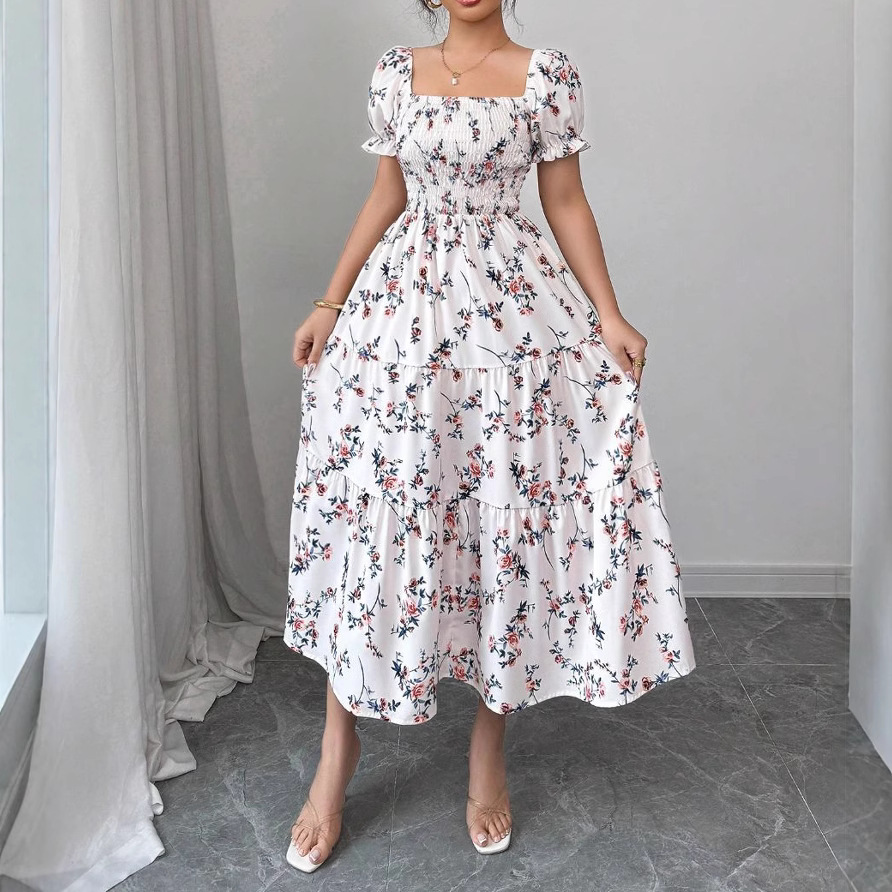 Jupe longue à manches courtes et col carré pour femme, imprimé frais, décontracté, mode, légèrement dos nu, tempérament, printemps et automne
